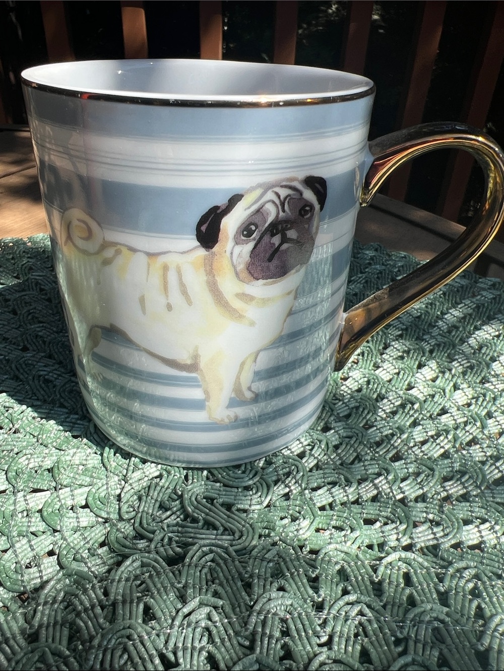 Never used, Pug Print Ceramic Coffee Mug with Gold Handle - White and Light Blue